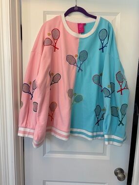 Queen of Sparkles Split Pink & Aqua Tennis Racket Graphic Sweatshirt